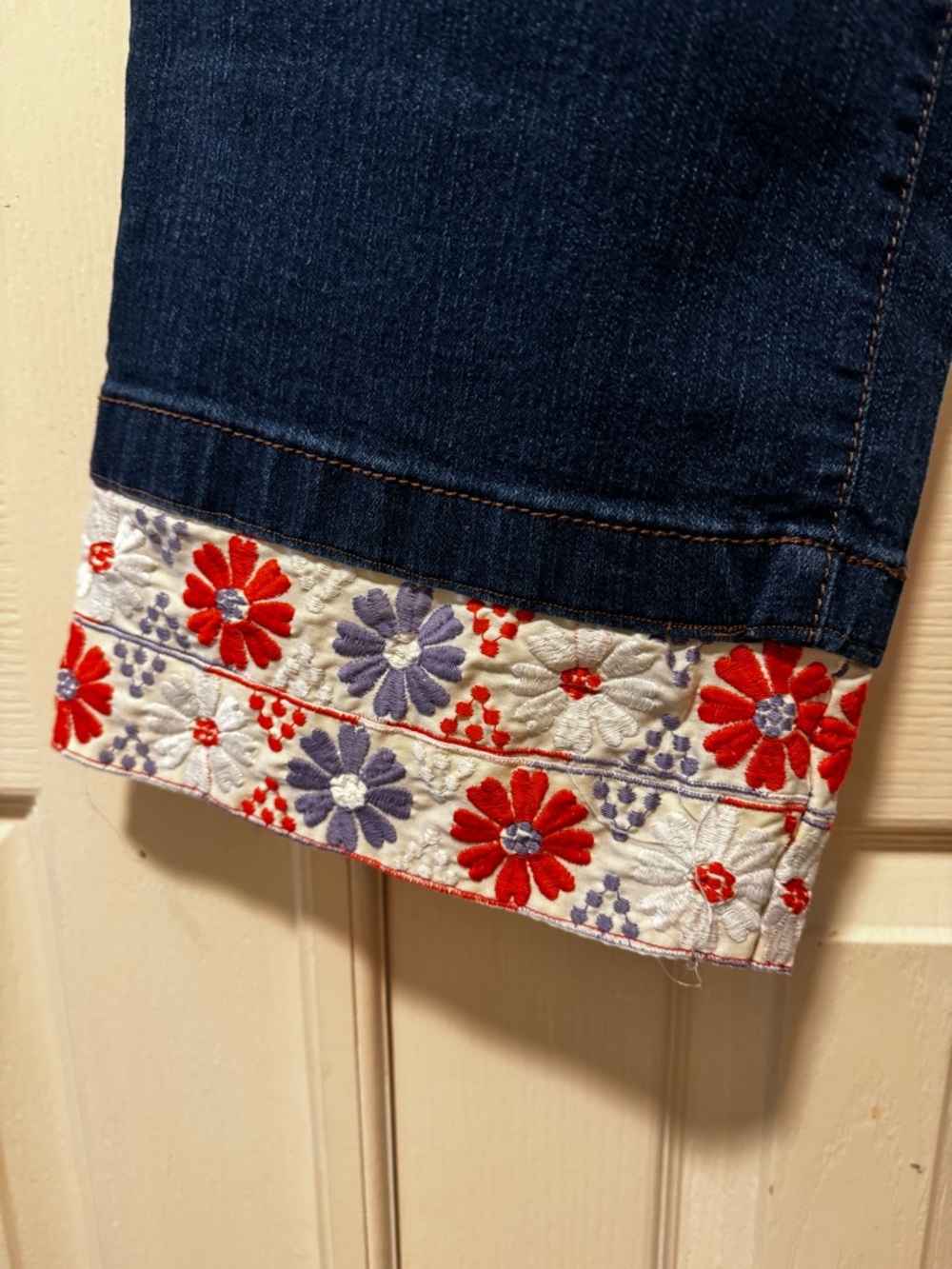Upcycled Wide Leg Dark Blue Jeans with Embroidered Floral Cuff - Picture 5 of 8